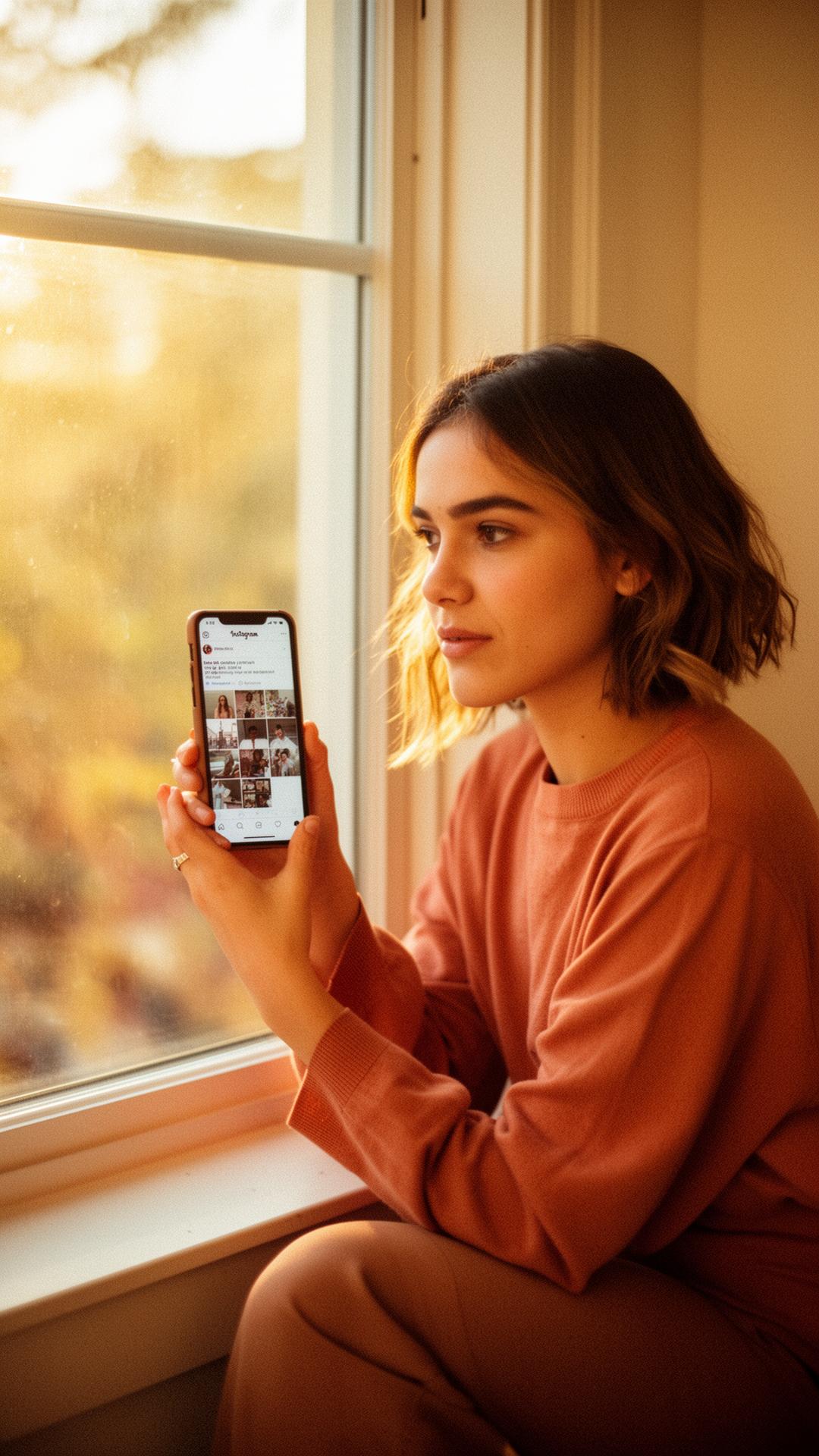 Девушка с телефоном у окна, Instagram-лента